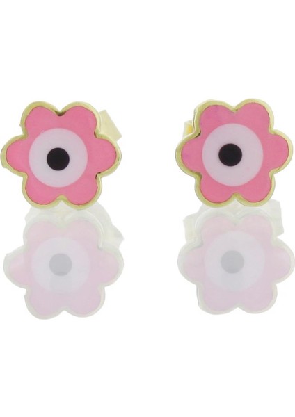 Pembe Çicek Göz Mineli Nazar Çivili Altın Çocuk Küpe