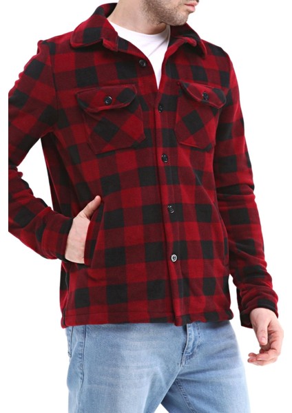 Erkek Oduncu Düğmeli Çift Cepli Ekose Polar Outdoor Gömlek Ceket