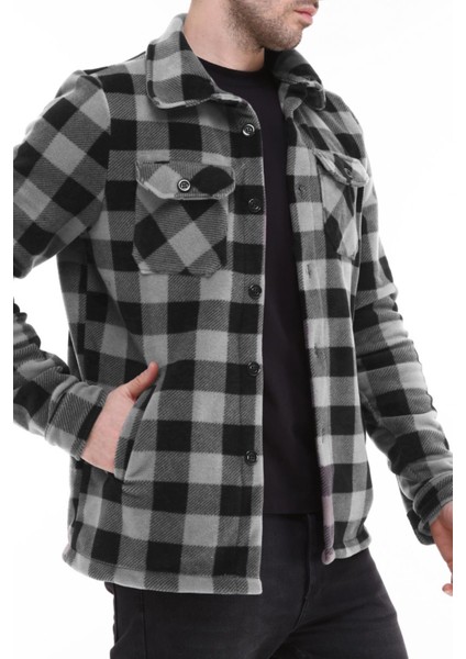 Erkek Oduncu Düğmeli Çift Cepli Ekose Polar Outdoor Gömlek Ceket