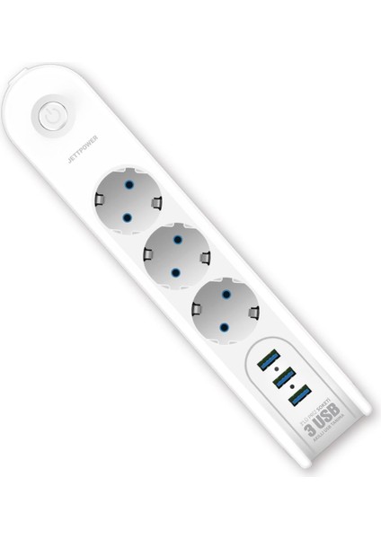 Mf Product Jettpower 0675 Akım Korumalı 3 Usb'li 3'lü Grup Priz 2 Mt Uzatma Kablosu Beyaz