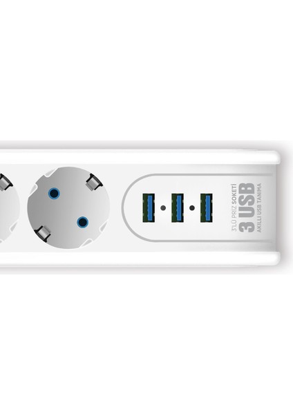 Mf Product Jettpower 0675 Akım Korumalı 3 Usb'li 3'lü Grup Priz 2 Mt Uzatma Kablosu Beyaz