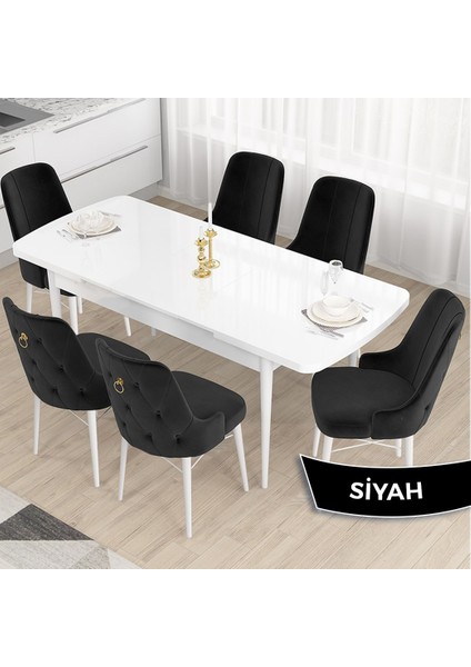 Concept Taç Serisi, Açılabilir 80X132 Beyaz Yemek Odası Takımı , 6 Sandalye Gold Halkalı