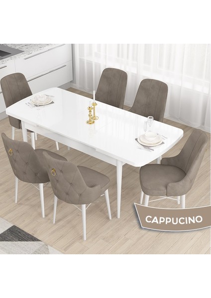 Concept Taç Serisi, Açılabilir 80X132 Beyaz Yemek Odası Takımı , 6 Sandalye Gold Halkalı