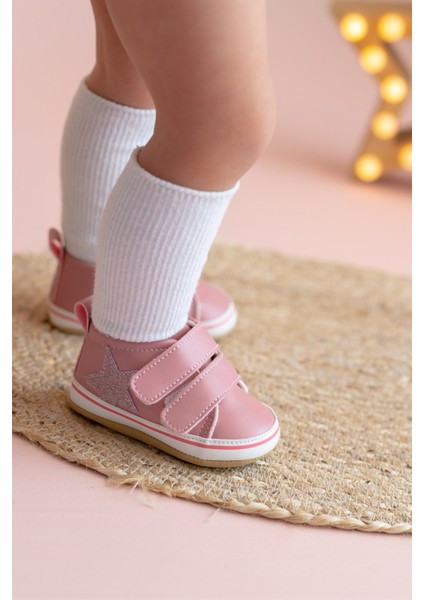 Pembe Simli Yıldızlı Kız Bebek Cırt Cırtlı Patik AYAKKABI-G-2356