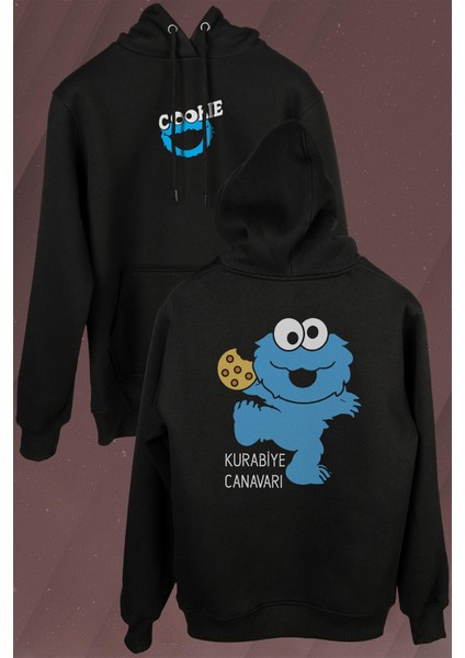 Cookie Kurabiye Canavarı Susam Sokağı Ön ve Arka Baskılı Sweatshirt Unisex Kapüşonlu Hoodie