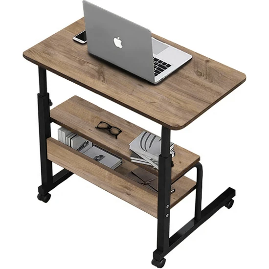 servetavcı Yükseklik Ayarlı ve Çift Raflı Laptop Sehpası ve Çalışma Masası - Ceviz (Tekerli) 70 x 40 cm