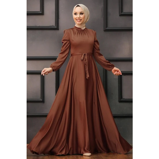 Neva Style Tesettürlü Abiye Elbise - Balon Kol Kahverengi Tesettür Saten Abiye Elbise 25131KH