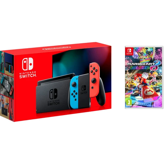 Nintendo Switch Konsol Neon Red Blue Joy / Con - Yeni V2 Model + Mario Kart 8 Deluxe Oyunu