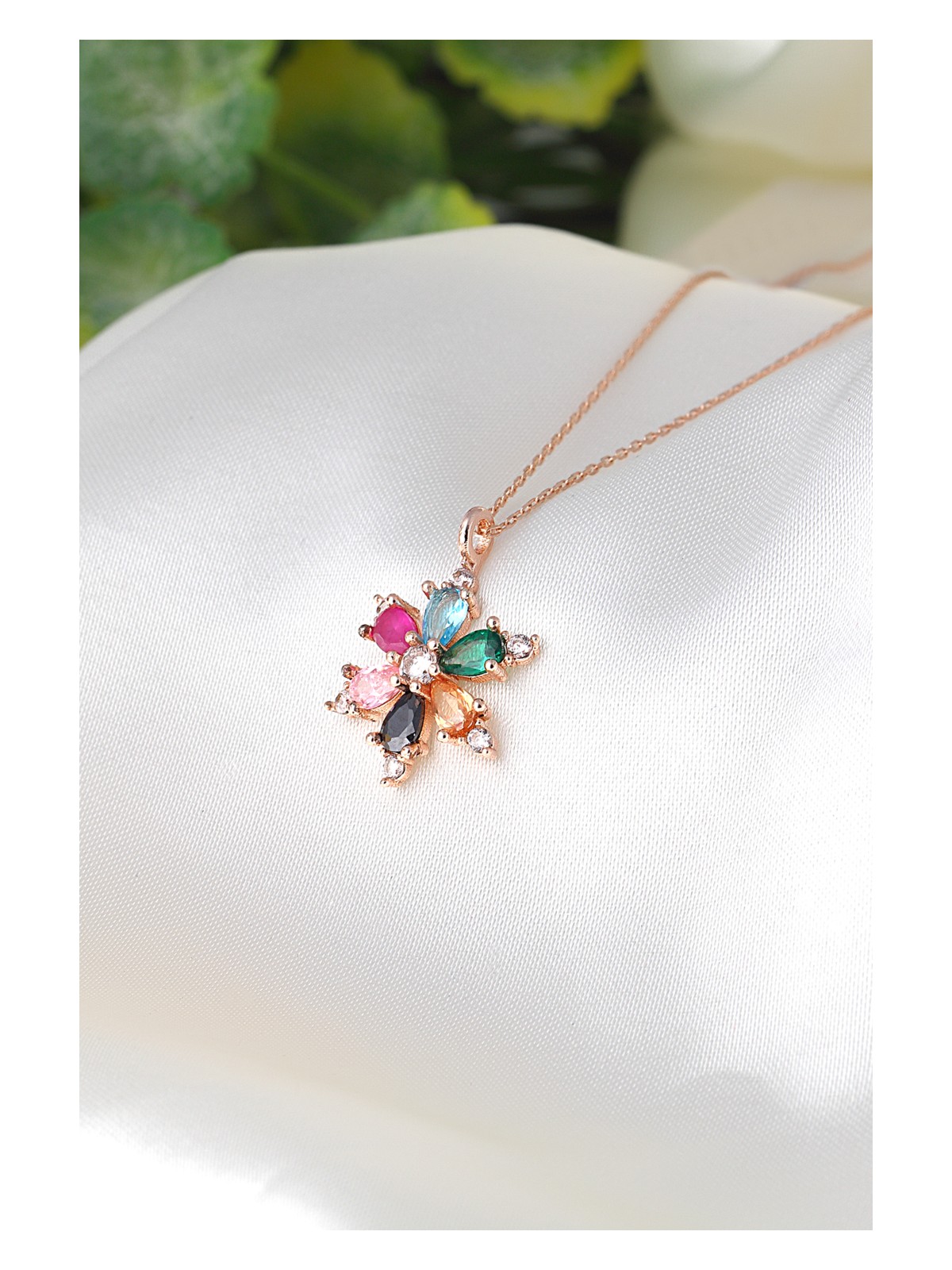 Zanaat Silver Gümüş Zincirli Pembe Taşli Rose Kaplama Lotus Kamelya Çiçeği Kolye - Görsel 7