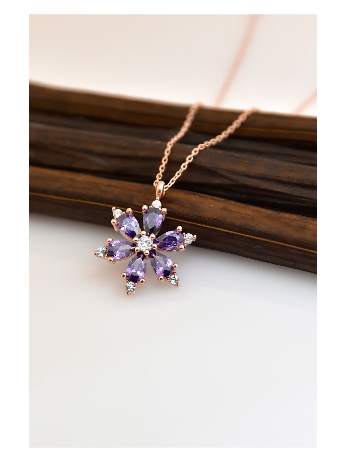 Zanaat Silver Gümüş Zincirli Pembe Taşli Rose Kaplama Lotus Kamelya Çiçeği Kolye - Görsel 8