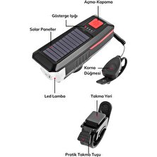 Solar Güneş Enerjili USB Şarjlı Bisiklet Lambası Fener Ön Far Işık Aydınlatma Kornalı