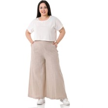 Disentis Modest Büyük Beden Nervür Dikişli Cepli Fermuarlı Bol Paça Keten Bej Pantolon