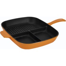 Lava Döküm Dikdörtgen 3 Bölmeli Izgara Tava Döküm Demir Yekpare Saplı Ölçü: 26X30 Cm. - Turuncu