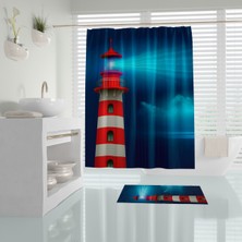 Tropik Home Banyo Perdesi Deniz Feneri Desen Banyo Perdesi Tek Kanat 180X200 cm Duş Perdesi C-Halka Hediye