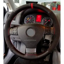 Gürler Oto Kılıf ve Aksesuar Vw Passat B7 Alkantra Dikmeli Direksiyon Kılıfı Karbon-Alkantra Yüzüklü Kırmızı Ipli