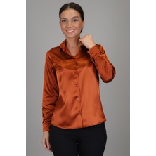 Sweetness Kadın  Bakır   Likralı  Saten Uzun Kol Abiye Gömlek