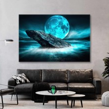 SML Tablo Mavi Büyük Ay Deniz Üzerinde Sisler Içinde Büyük Doğa Kanvas Tablo