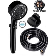 Bulitra  Turbo Pervaneli 5 Fonksiyonlu Duş Başlığı Duş Hortumu 150 cm ve Mafsal Set (Siyah)