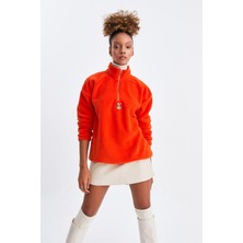 Northlight Unisex Turuncu Alaska Nakışlı Dik Yaka Yarım Fermuarlı Oversize Polar