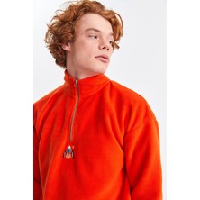 Northlight Unisex Turuncu Alaska Nakışlı Dik Yaka Yarım Fermuarlı Oversize Polar