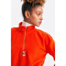Northlight Unisex Turuncu Alaska Nakışlı Dik Yaka Yarım Fermuarlı Oversize Polar