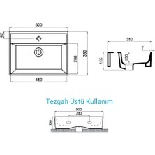 Aqua Bagno Plan Tezgah Üstü Kare Çanak  Lavabo , 50 x 38 Cm.  Beyaz