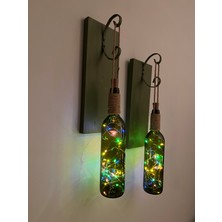 Mes Reves Design Renkli Tıpa Peri LED Işıklı Yeşil Ahşap  Retro Yeşil Şarap Şişesi Duvar Aplik 2'li Set
