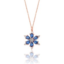 Zanaat Silver 925 Ayar Gümüş Zincirli Mavi Taşlı Rose Kaplama Lotus Kamelya Çiçeği Kolye