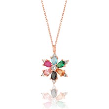 Zanaat Silver 925 Ayar Gümüş Zincirli Mix Taşlı Rose Kaplama Lotus Kamelya Çiçeği Kolye