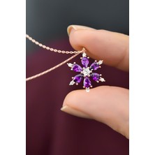 Zanaat Silver 925 Ayar Gümüş Zincirli Ametist Taşlı Rose Kaplama Lotus Kamelya Çiçeği Kolye