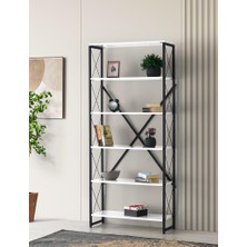 Sivas Gözde Mobilya Ferforje Beyaz Ahşap 5 Raflı Kitaplık 80X30X180