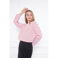 Levina Crop Çizgili  Sweatshirt Kırmızı