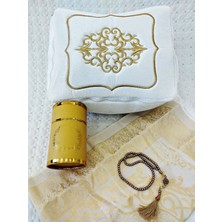 Dilex 4 Parça Kadife   Bohça Gelin Damat Hediye Çeyiz Bohça  Tafta Saçaklı Kutu Seccade Set Gold Beyaz