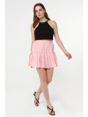Best Woman Düz Pembe Renk Beli Lastikli Şort Etek