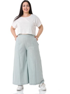 Disentis Modest Büyük Beden Nervür Dikişli Cepli Fermuarlı Bol Paça Keten Su Yeşili Pantolon