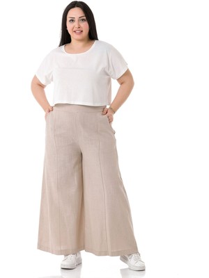 Disentis Modest Büyük Beden Nervür Dikişli Cepli Fermuarlı Bol Paça Keten Bej Pantolon