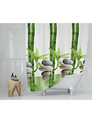 Tropik Banyo Perdesi Bamboo Desen Yerli Üretim Duş Perdesi Plastik C-Halka Hediye 180X200CM Banyo Perdeleri