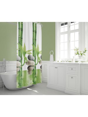 Tropik Banyo Perdesi Bamboo Desen Yerli Üretim Duş Perdesi Plastik C-Halka Hediye 180X200CM Banyo Perdeleri