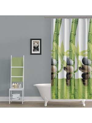 Tropik Banyo Perdesi Bamboo Desen Yerli Üretim Duş Perdesi Plastik C-Halka Hediye 180X200CM Banyo Perdeleri