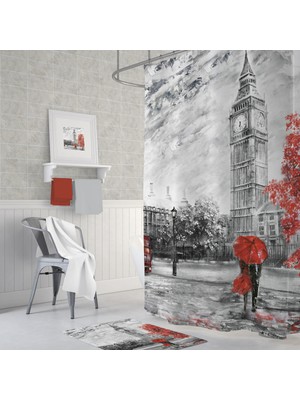 Tropik Home Banyo Perdesi Bigben Londra Desenli Dijital Baskılı Solmaz Su Geçirmez Duş Perdesi 12 C Halka Hediye