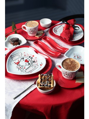 Keramika Keyfi Aşk Kahvaltı Takımı 14 Parça 2 Kişilik Kalp Şekli Desenli Seramik Set
