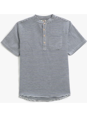 Koton Mandarin Yaka Tişört Kısa Kollu Düğmeli Tek Cepli Çizgili Pamuklu10