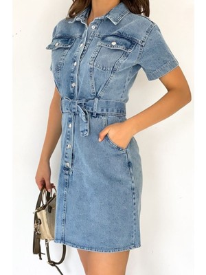 Lady Special Kadın Yarım Kollu Mini Mavi Kot Elbise