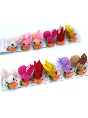 Queen Aksesuar 6lı Sevimli Peluş Ponpon Havuçlu Renkli Tavşan Pensli Toka Seti Bebek Çocuk