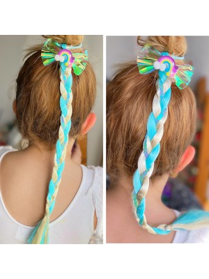 Queen Aksesuar At Kuyruğu Örgü Takma Uzun Çocuk Saç Pullu Postiş Gökkuşağı Fiyonklu