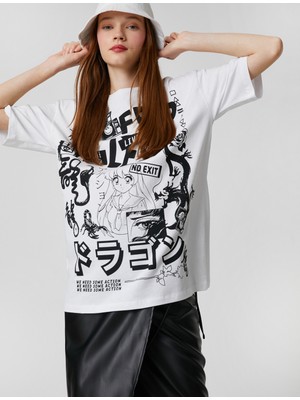 Koton Oversize Tişört Kısa Kollu Uzak Doğu Baskılı Bisiklet Yaka