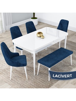 Canisa Concept Lia Serisi, Açılabilir 80X132 Mutfak Masa Takımı, Beyaz Masa 4 Sandalye ve 1 Bench