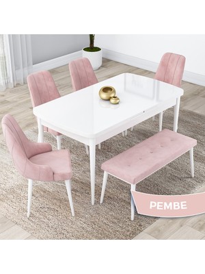 Canisa Concept Lia Serisi, Açılabilir 80X132 Mutfak Masa Takımı, Beyaz Masa 4 Sandalye ve 1 Bench