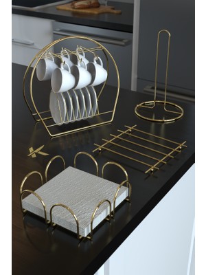 Karteya Servis Sunum Seti Havlu Peçetelik Nihale Fincan Askılığı Gold Altın Paslanmaz Mutfak Çeyiz Seti 4’lü