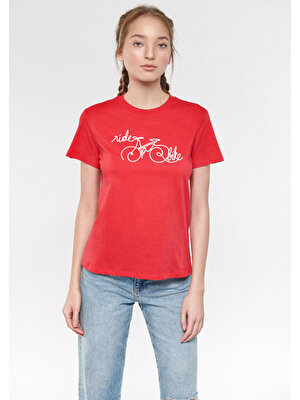 Mavi Kadın Bisiklet Baskılı Kırmızı Tişört 1611194-84022